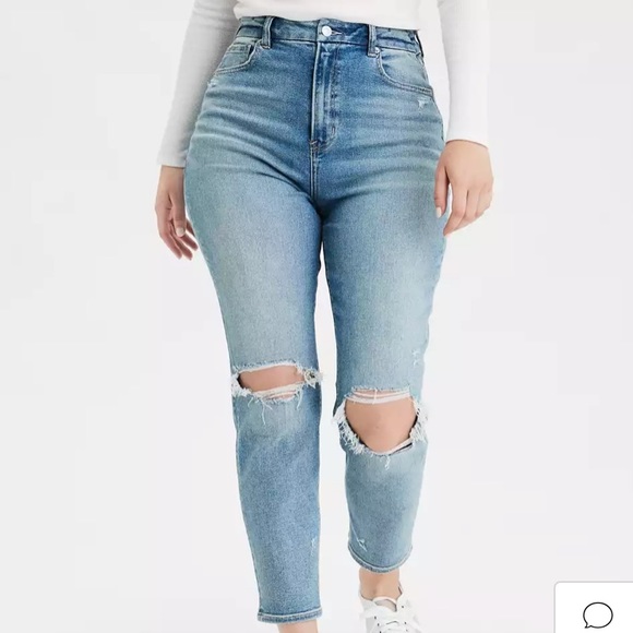 AEO Curvy Mom Jean High Rise Distressed Ripped Denim Light Blue Wash Size 24